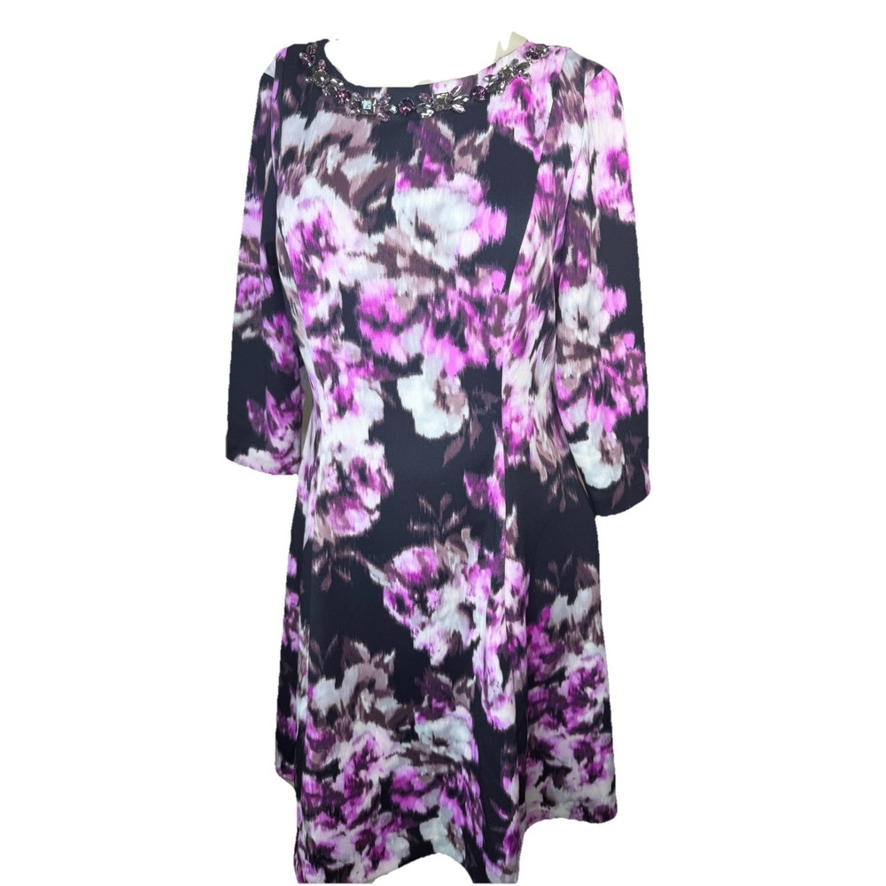 Jessica Howard Size 12 Floral Sheath Dress Jeweled Neck Purple Career‎ Midi